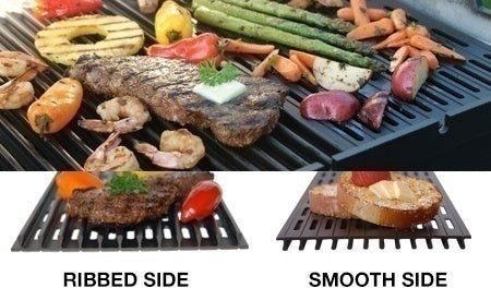 Grill surface inserts: ribbed side grate and smooth side cooking plate