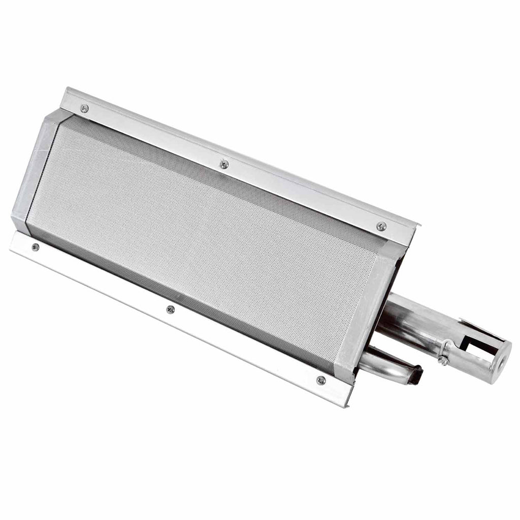 Stainless steel sear burner with perforated heat plate and control knob