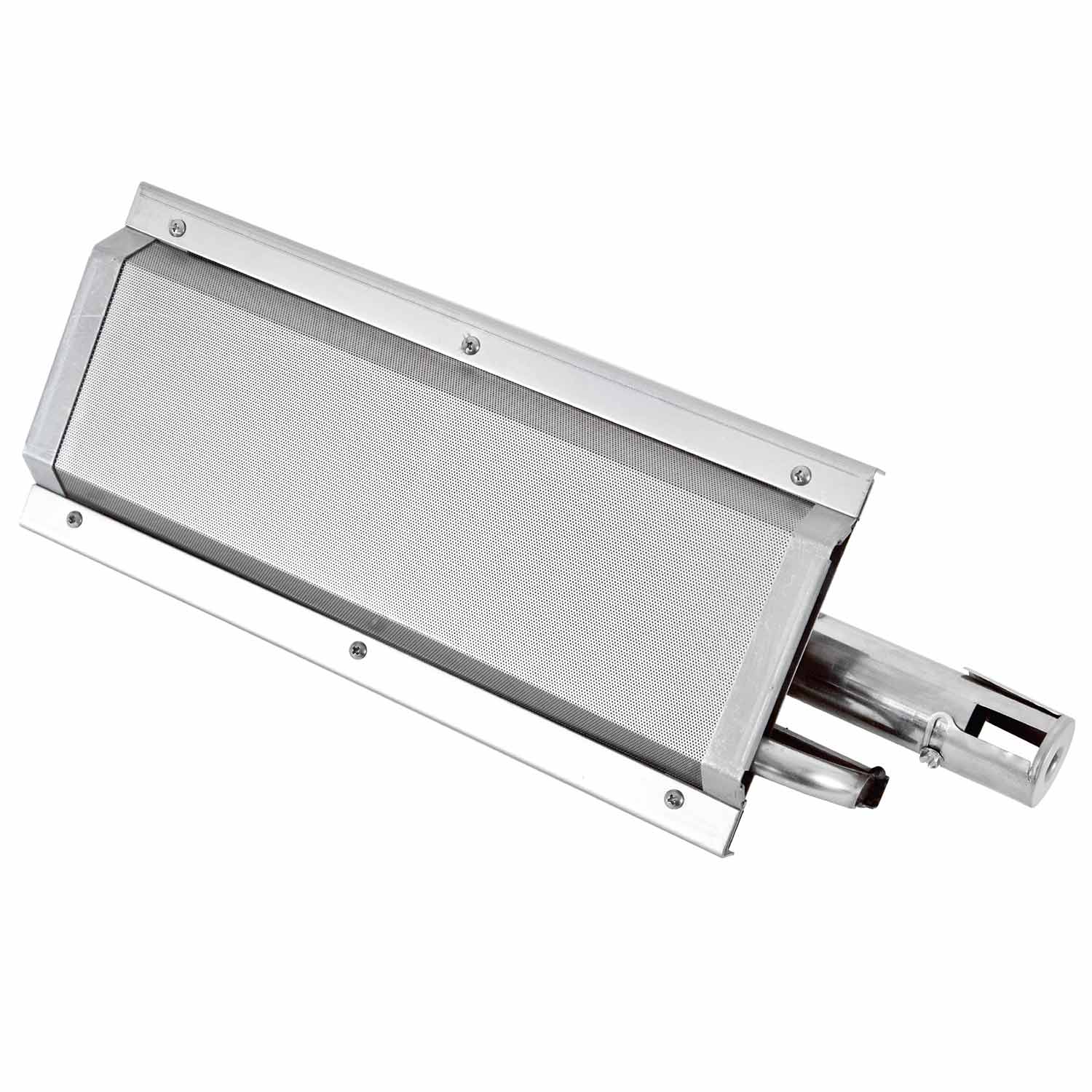 Stainless steel sear burner with perforated heat plate and control knob