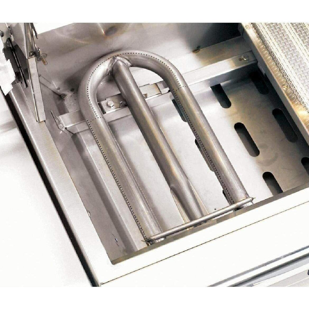 Open grill firebox with stainless burner tubes and angled heat shield