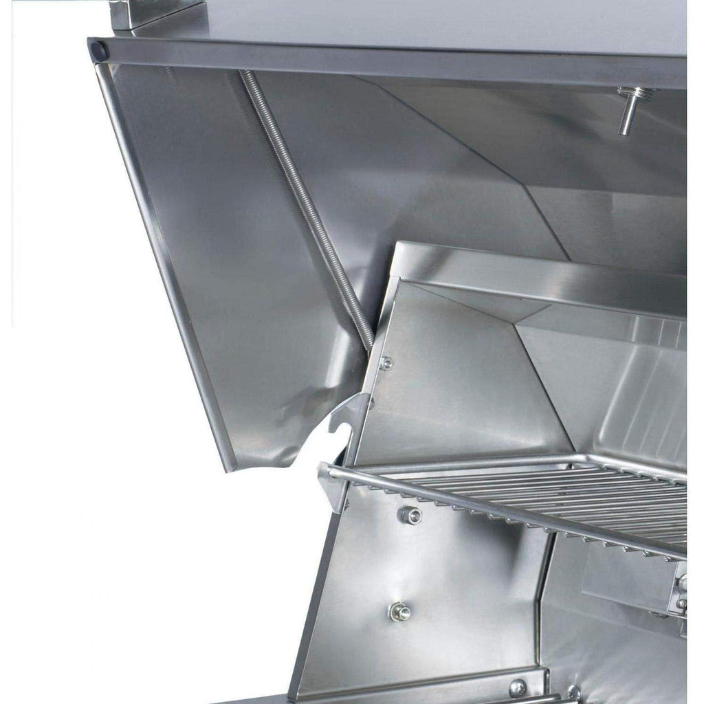 Built-in gas grill side panel with access opening and hinged lid support bar
