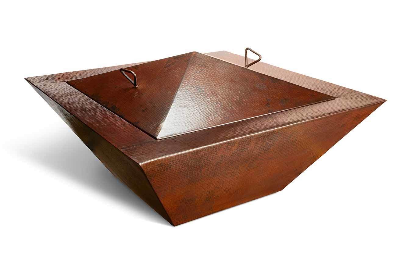 Square hammered copper fire and water pit with interior cover and side lift handles