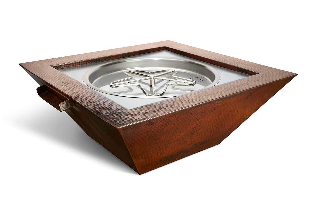 Square hammered copper gas fire and water pit with round burner insert in center