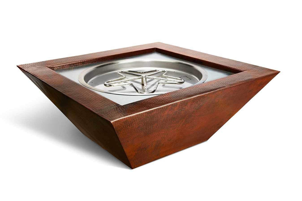 Hammered copper square gas fire pit with circular burner insert