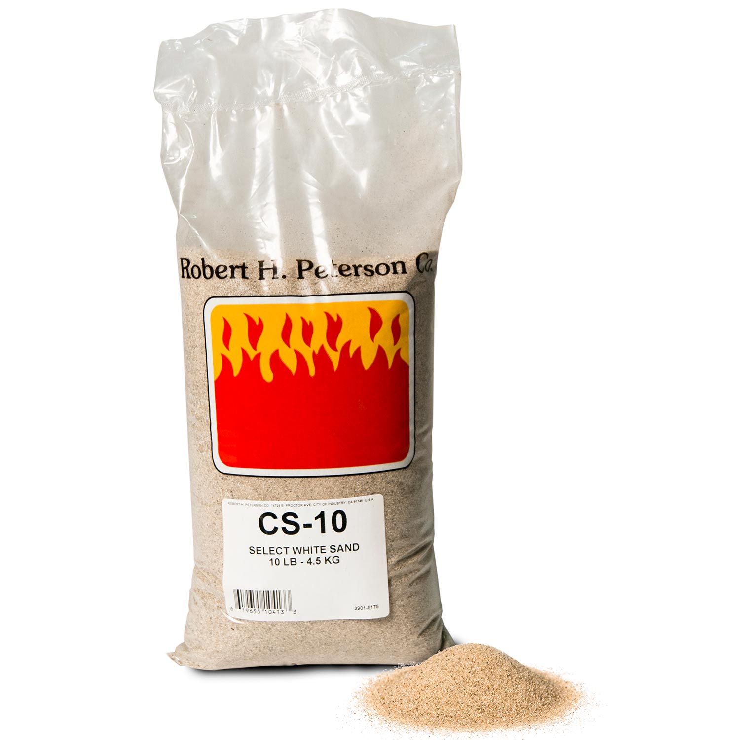 Bag of white sand with CS-10 label and small pile beside it