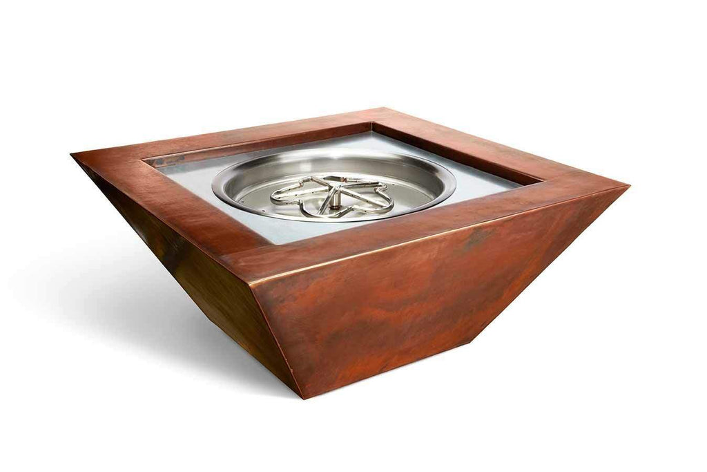 Square copper gas fire pit with smooth burner insert in round pan