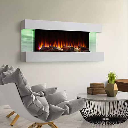 Modern electric fireplace in a living room setting with a white wall and minimal decor by Simpllifire