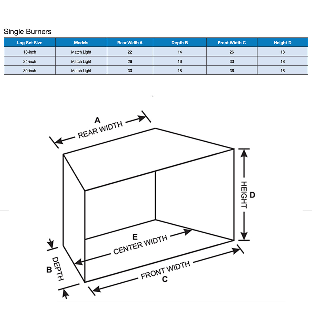 Single burner dimension diagram with rear width, front width, center width, and height