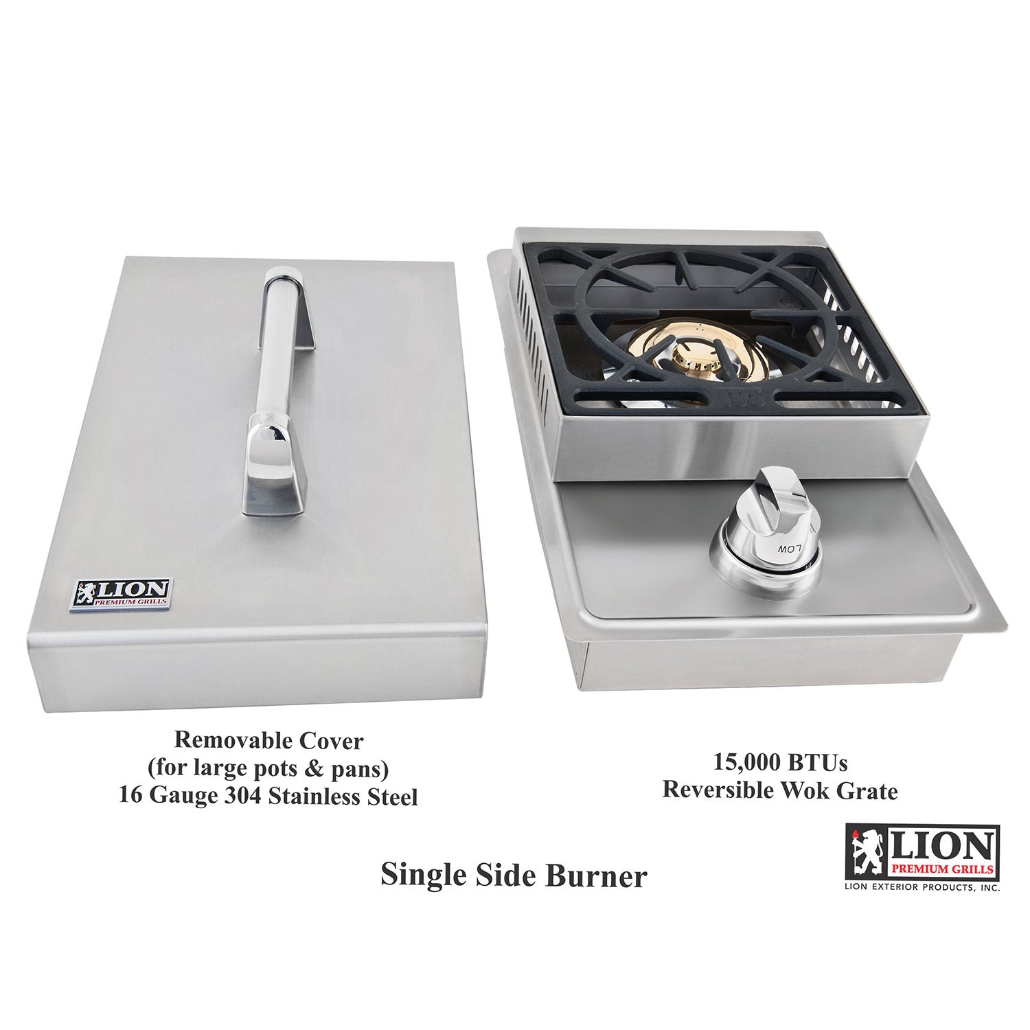 Single side burner with removable cover and open wok grate, including control knob