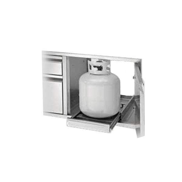 LP tank slide kit with mounted propane tank and metal slide rail
