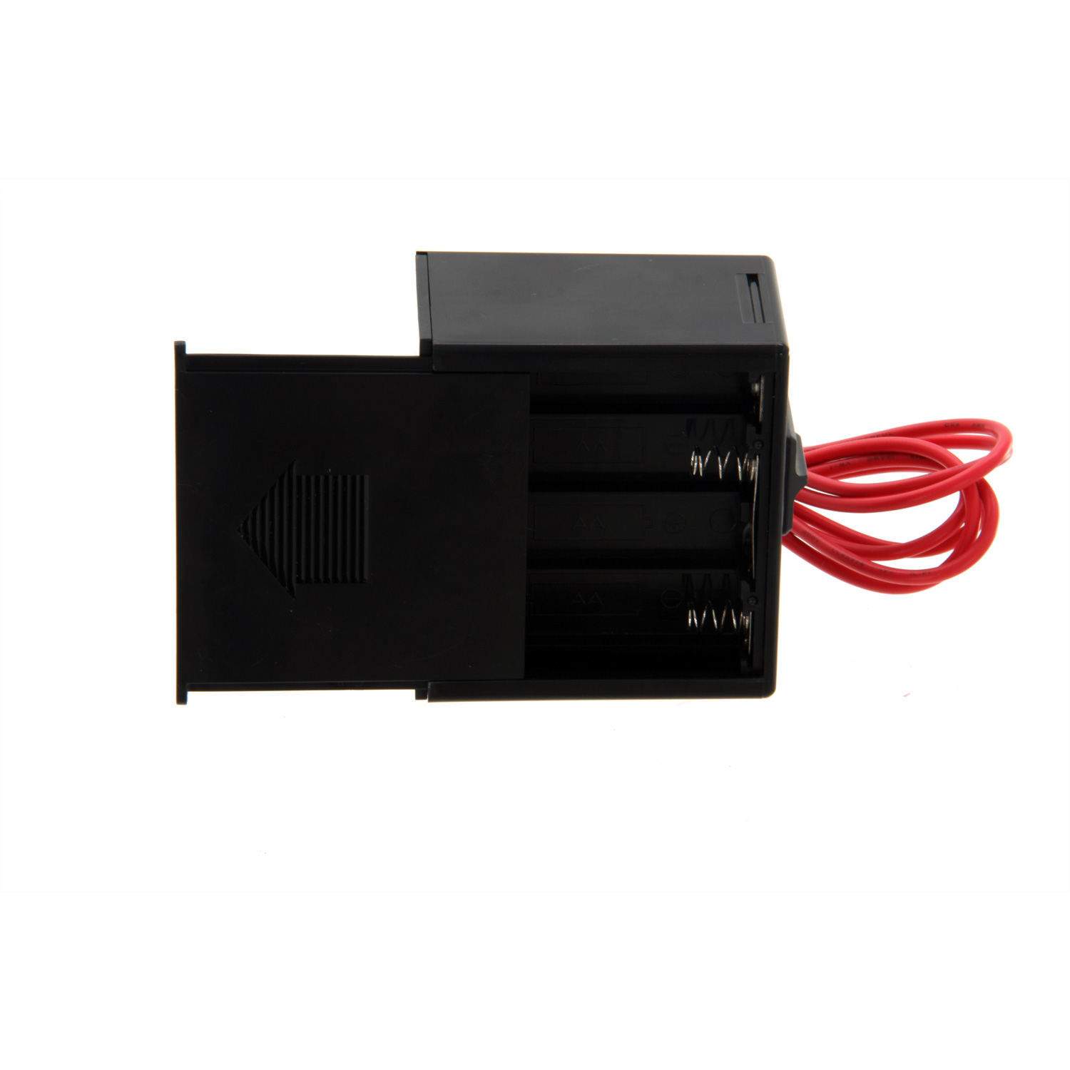 Black receiver box with side grille openings and red wire connection cable