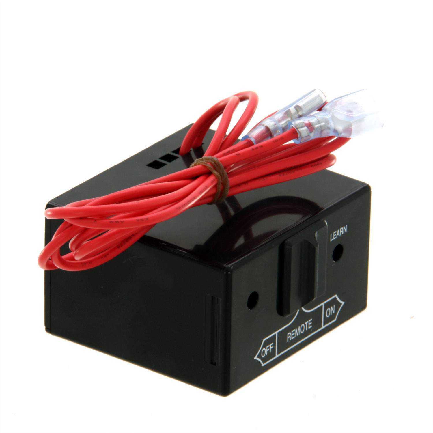 Black receiver box with attached red wire harness and ON/OFF/REMOTE buttons