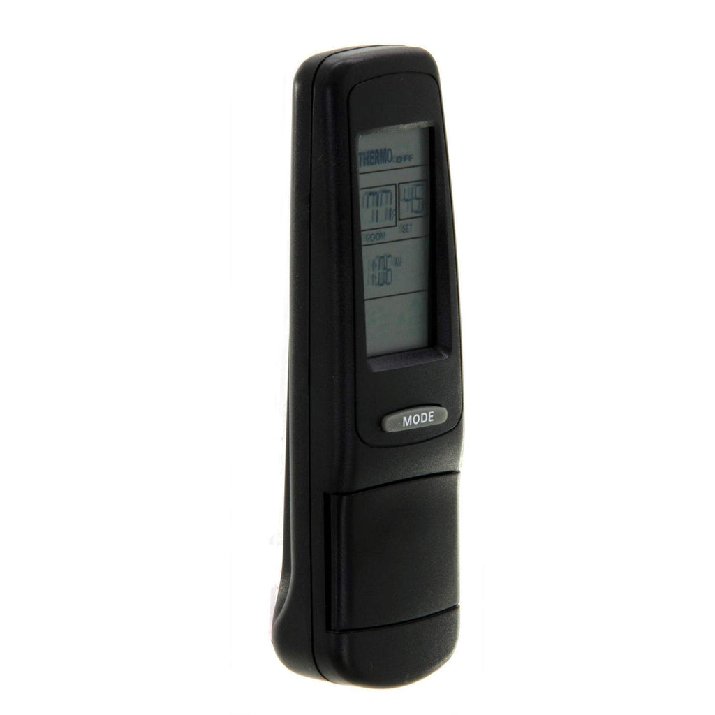 Heat-N-Glo fireplace remote control side view with LCD window and MODE button, black