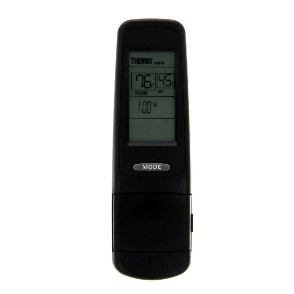 Thermostat remote transmitter with LCD screen and MODE button, dark body.