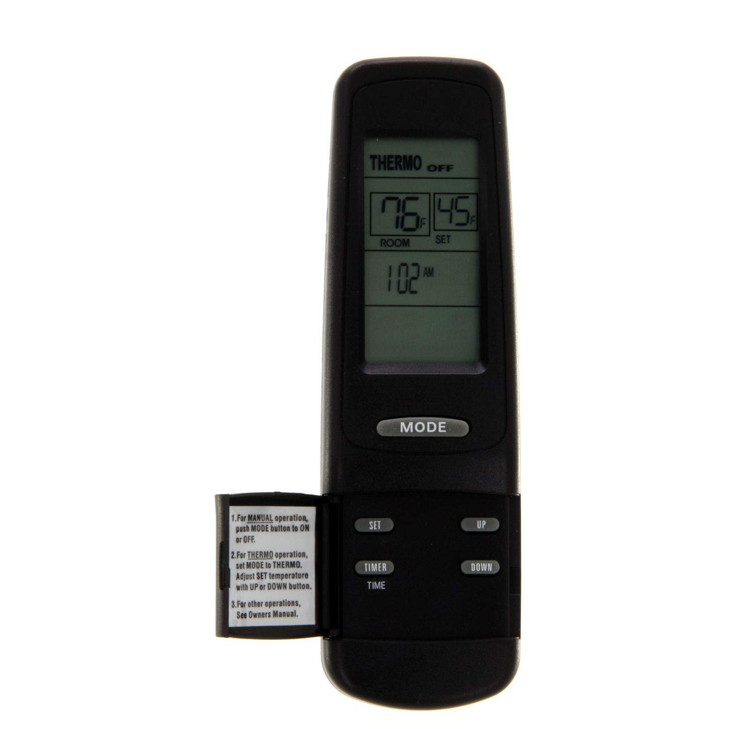 Thermostat remote transmitter with LCD screen and button cluster, plus instruction card.