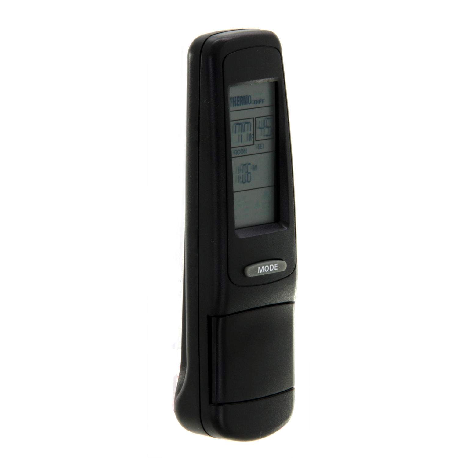 Thermostat remote transmitter with LCD display, dark side view.