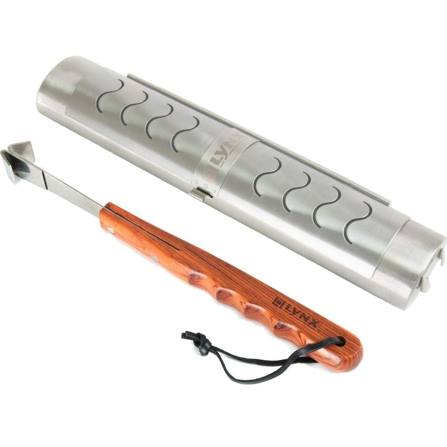 Built-in gas grill igniter tool with stainless housing and wooden grip handle