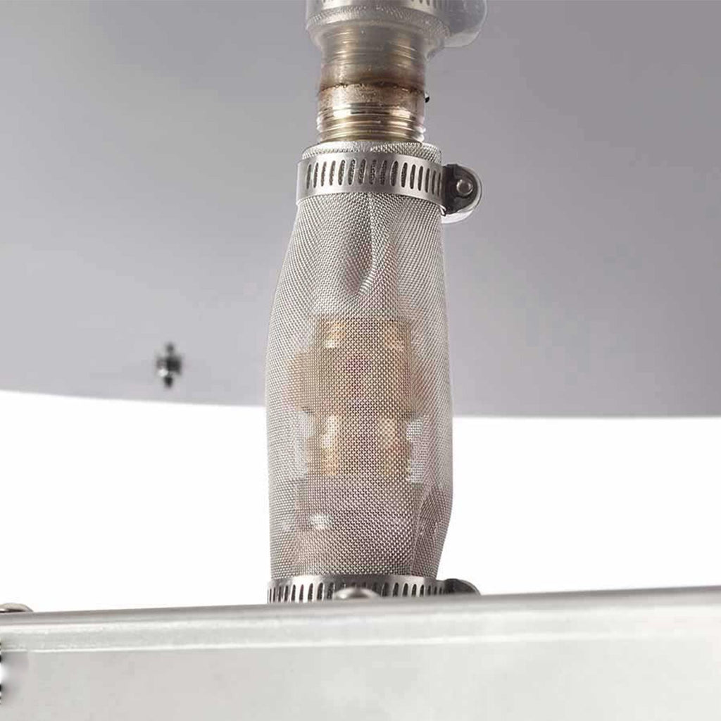 Mesh-covered gas burner head with brass fitting on stainless manifold