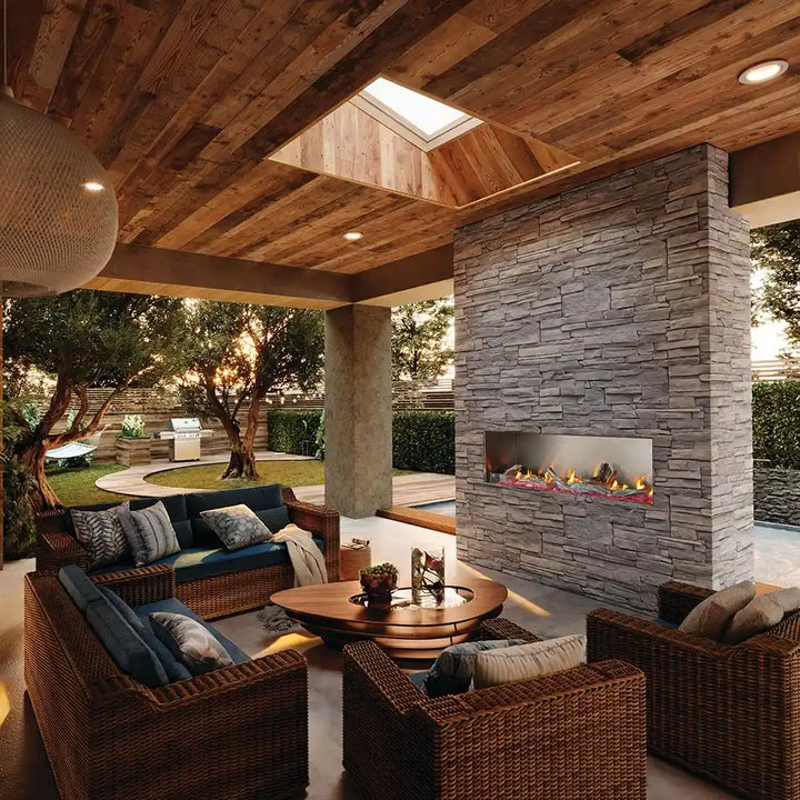 Galaxy Outdoor fireplace in a backyard patio during sunset