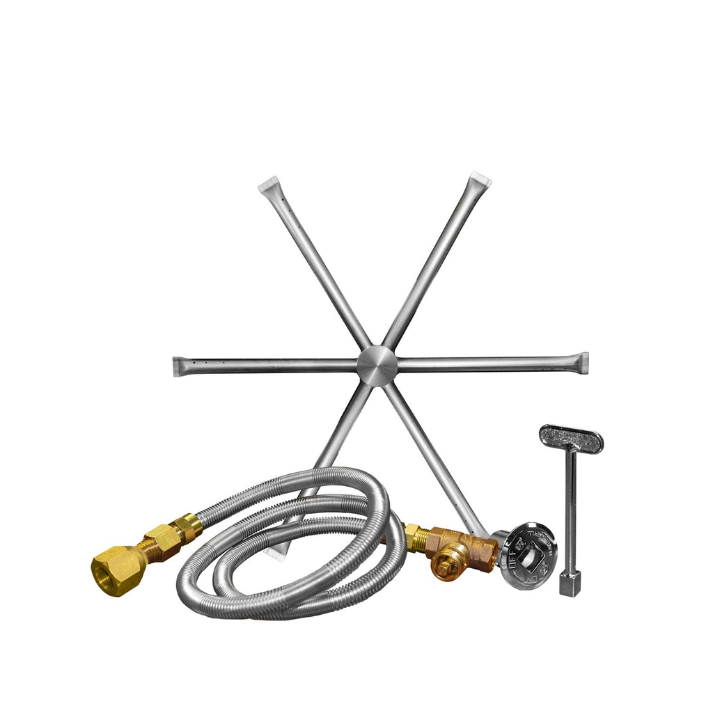 Stainless steel gas fire pit burning spur kit with cross burner and flexible gas hose connections