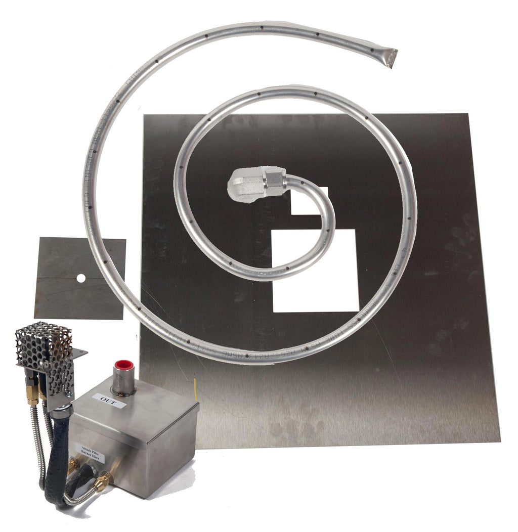 Gas fire pit burner kit with square flat pan and circular burner ring, metal control box