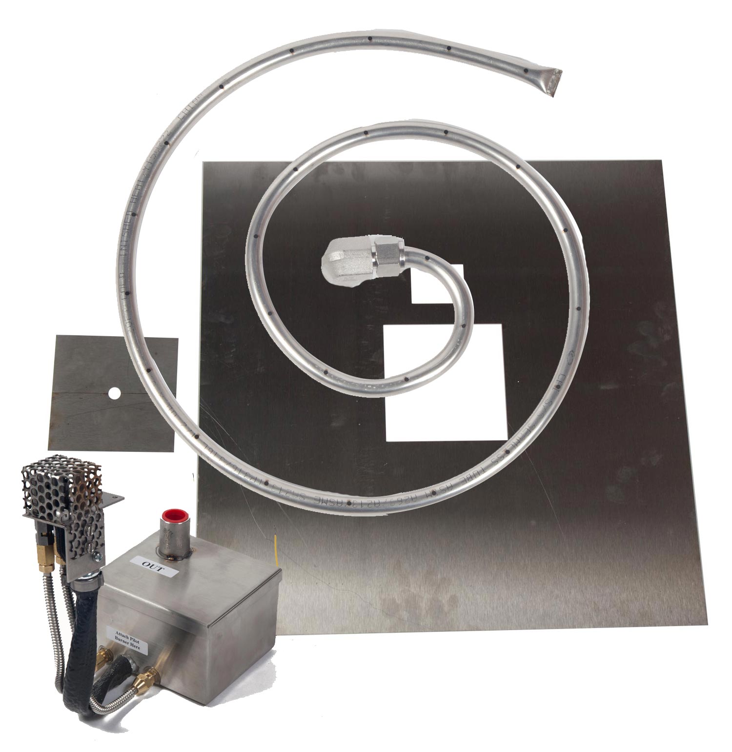 Gas fire pit burner kit with square flat pan and circular burner ring, metal control box