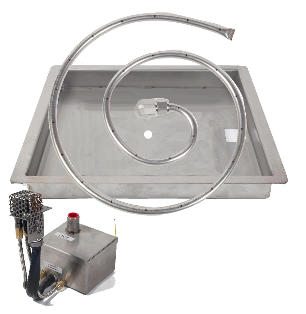 Square gas fire pit burner kit with metal burner ring, control box, and ignition components