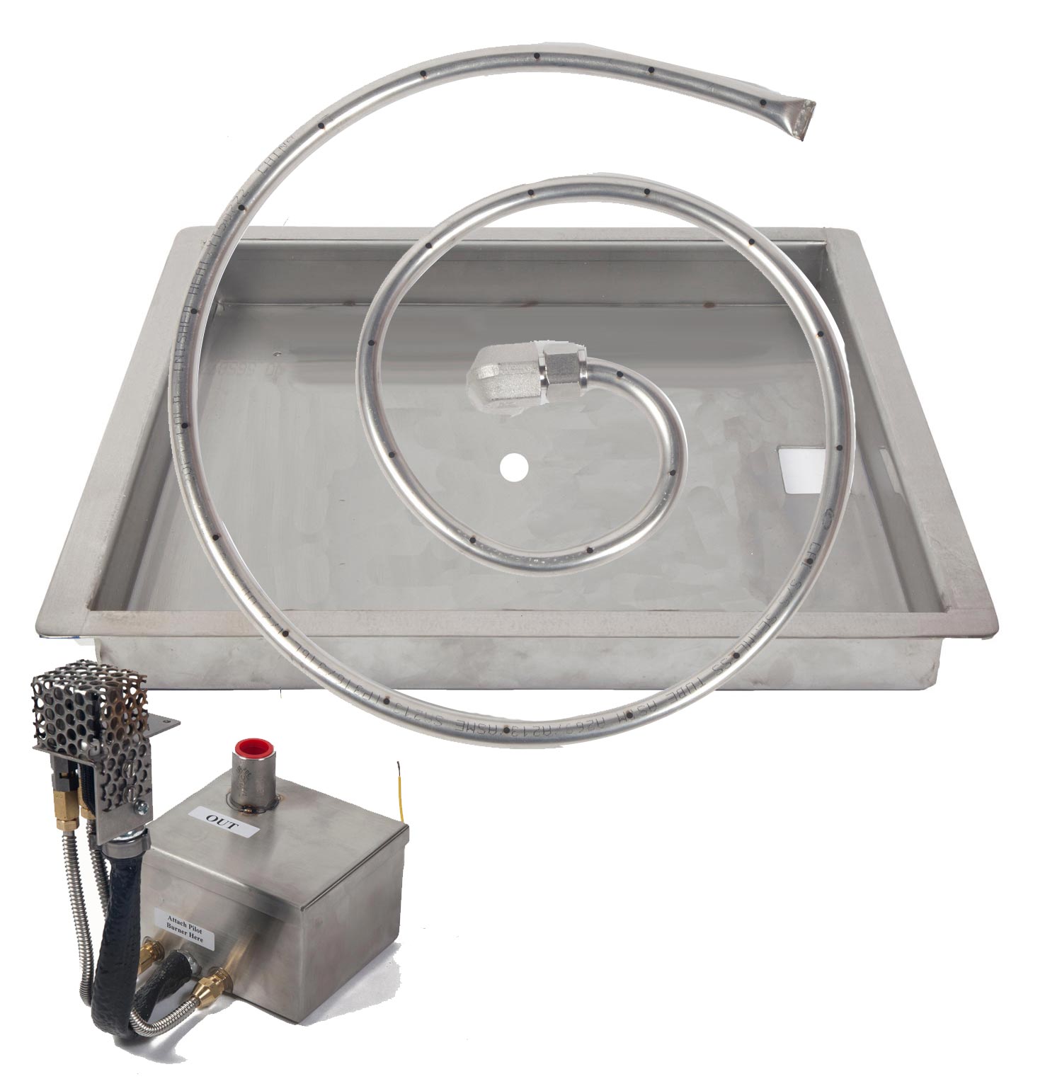 Square gas fire pit burner kit with metal burner ring, control box, and ignition components