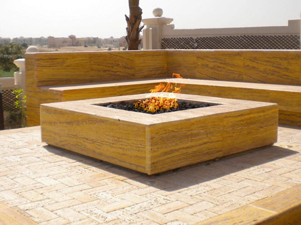 Square gas fire pit burner unit in a wooden enclosure, with visible open fire tray