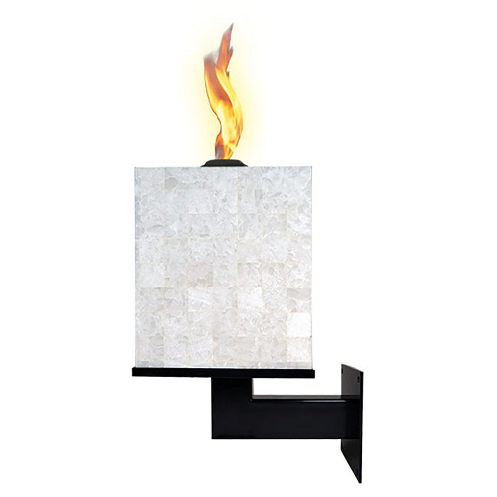Square white quartz wall-mounted candelabra with electronic ignition burner and flame