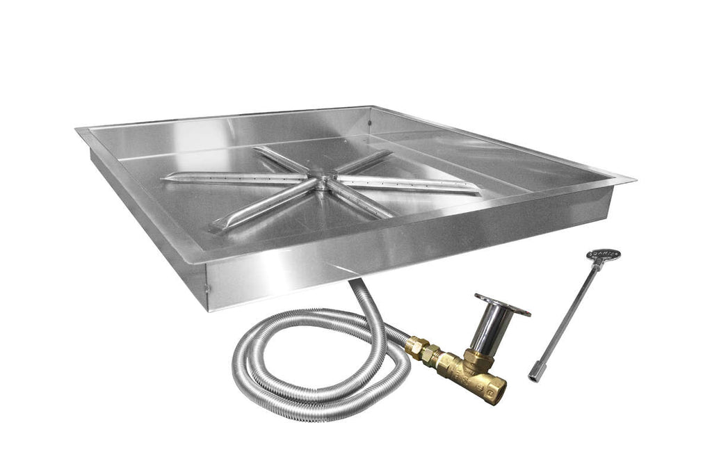 Stainless steel gas fire pit burner kit with square drop pan and ignition hose