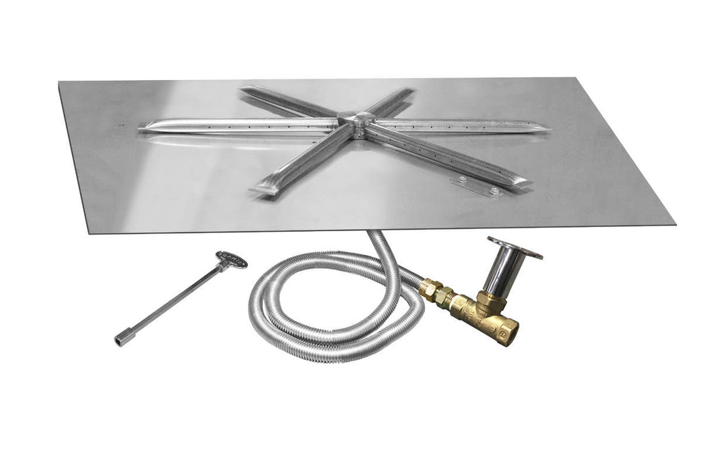 Stainless steel gas fire pit burner kit with square flat pan, hose, and burner spur