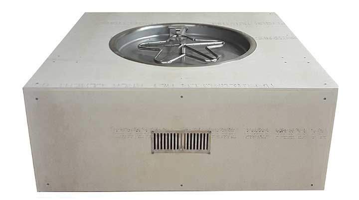 Unfinished square fire pit enclosure with round burner opening and front vent strip