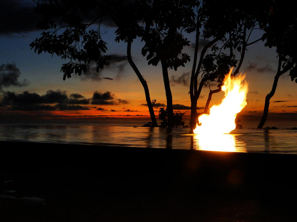 Flame jet over water at dusk with silhouetted trees in foreground
