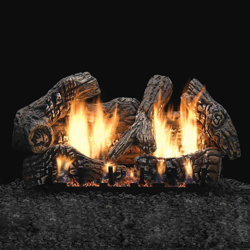 Vented ceramic fiber log set with blackened oak logs, flames burning inside fireplace