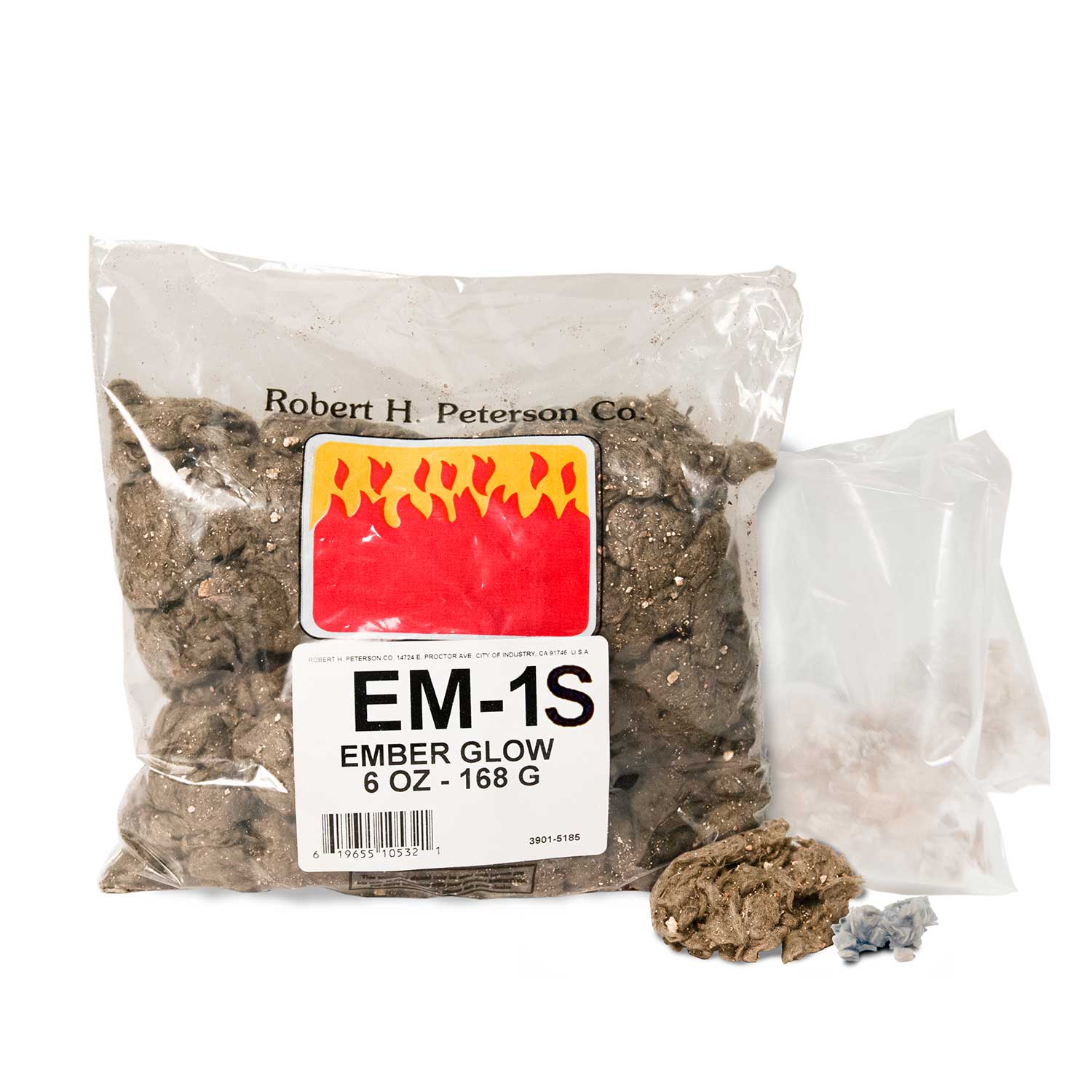 Bagged ember glow decorative fire embers, 6 oz, with packaging and small stones