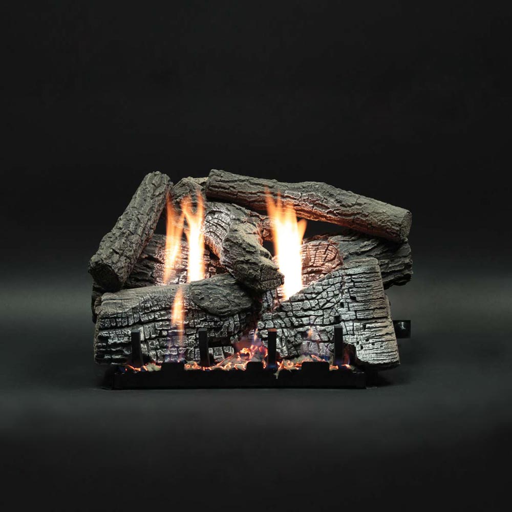 Stacked refractory gas log set with glowing flames and stone-textured logs