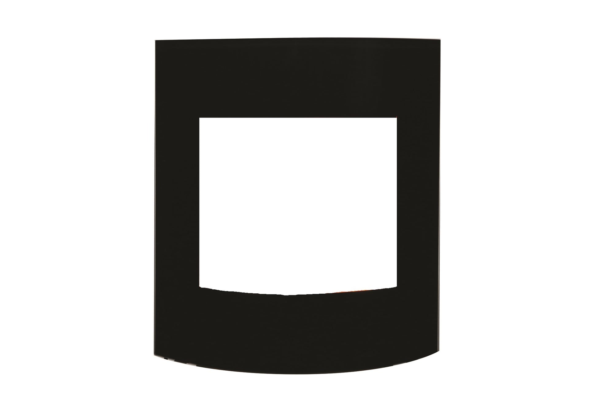 Curved glass fireplace surround with black frame and square glass opening
