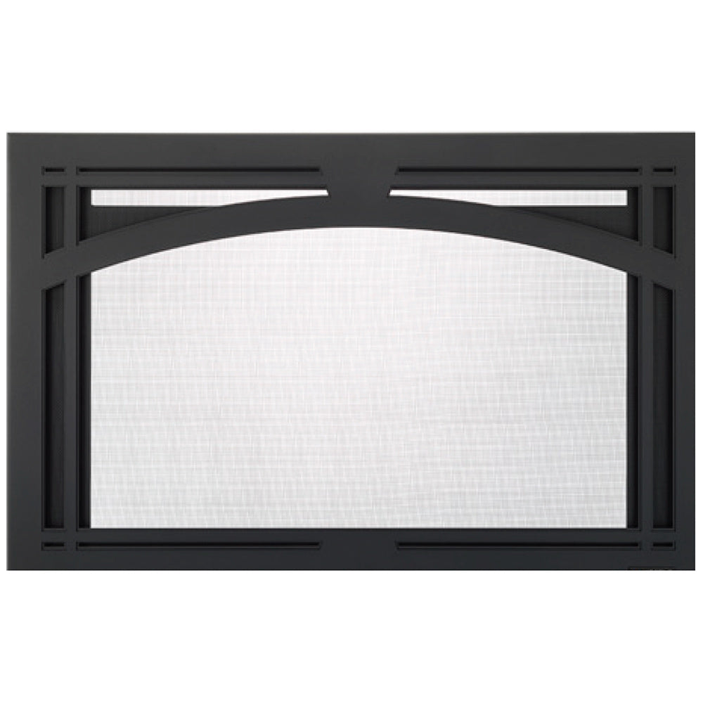 Black arched fireplace screen front with rectangular mesh panel
