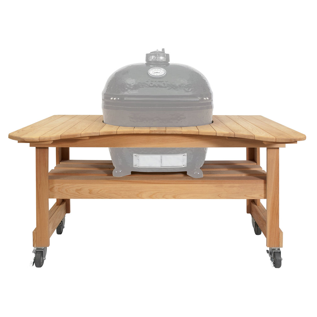 Cypress outdoor table with slatted top, lower shelf, and four caster wheels