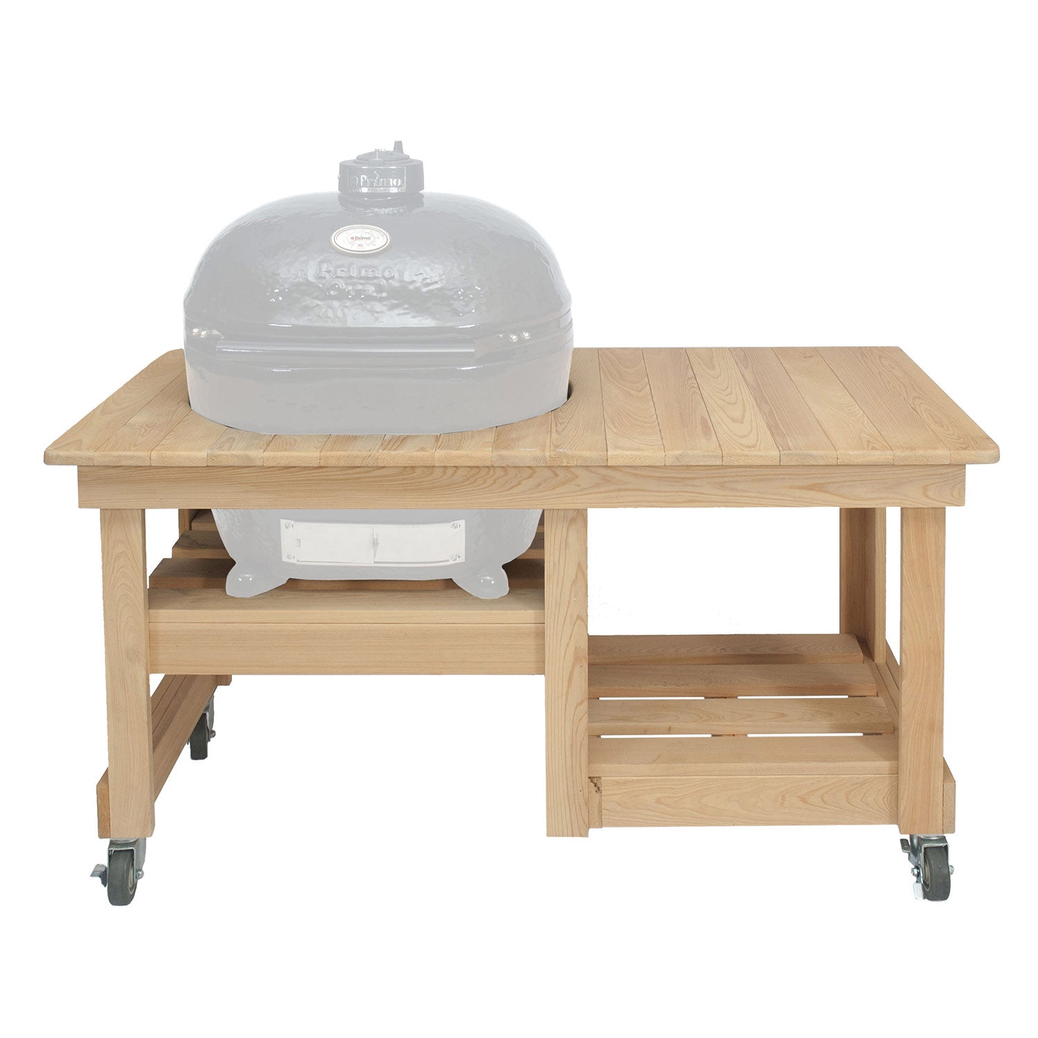 Wood countertop table with lower shelf and caster wheels, for outdoor cooking setup