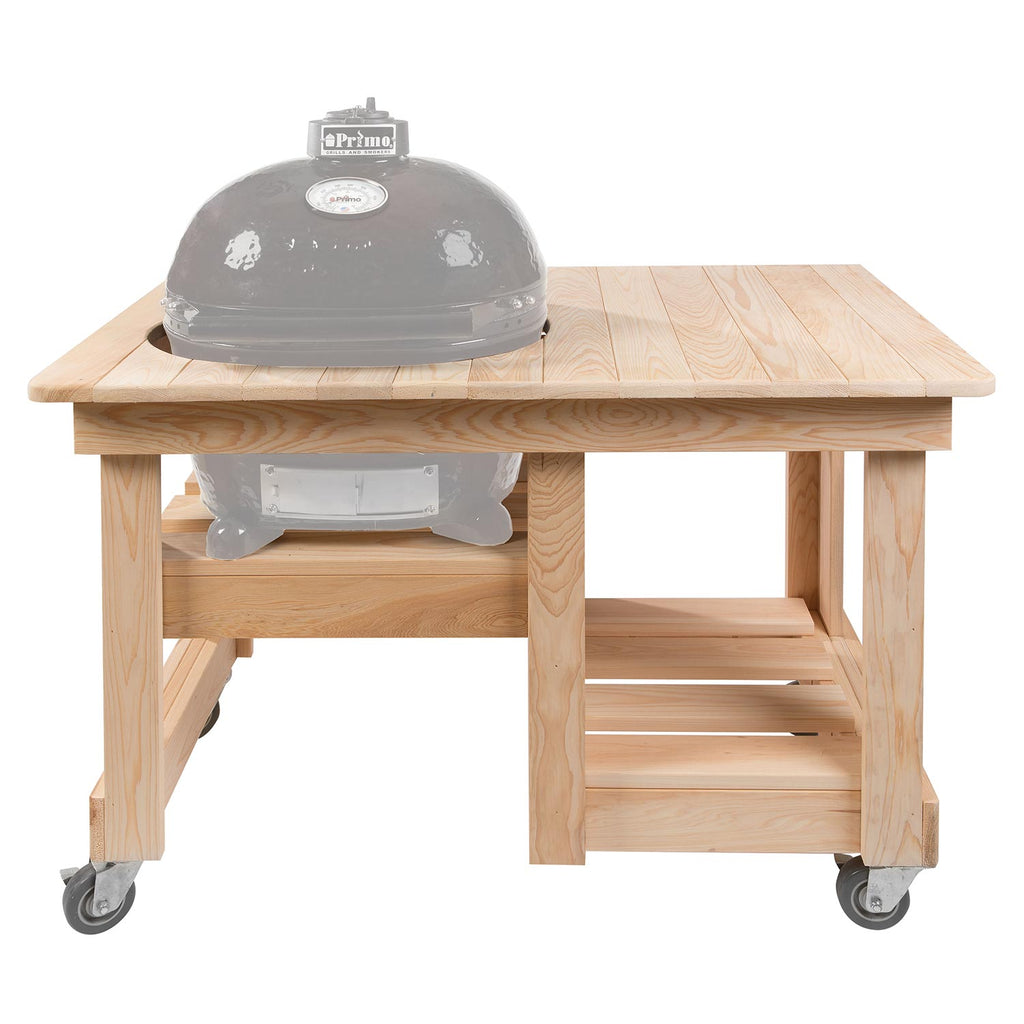 Wood countertop table with built-in shelf and four casters, Primo grill on top
