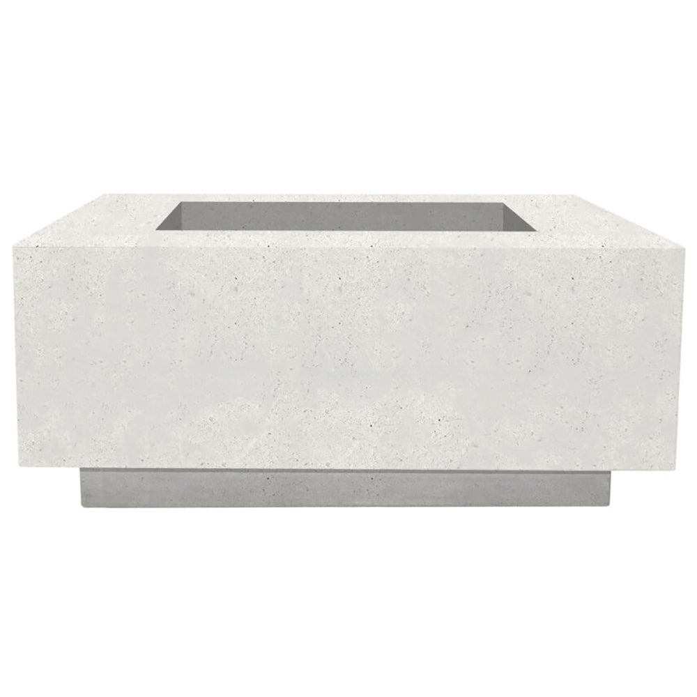 Concrete gas fire pit with rectangular burner opening, light finish, tabletop style