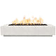 Rectangular concrete gas fire pit with burning flames in light gray enclosure