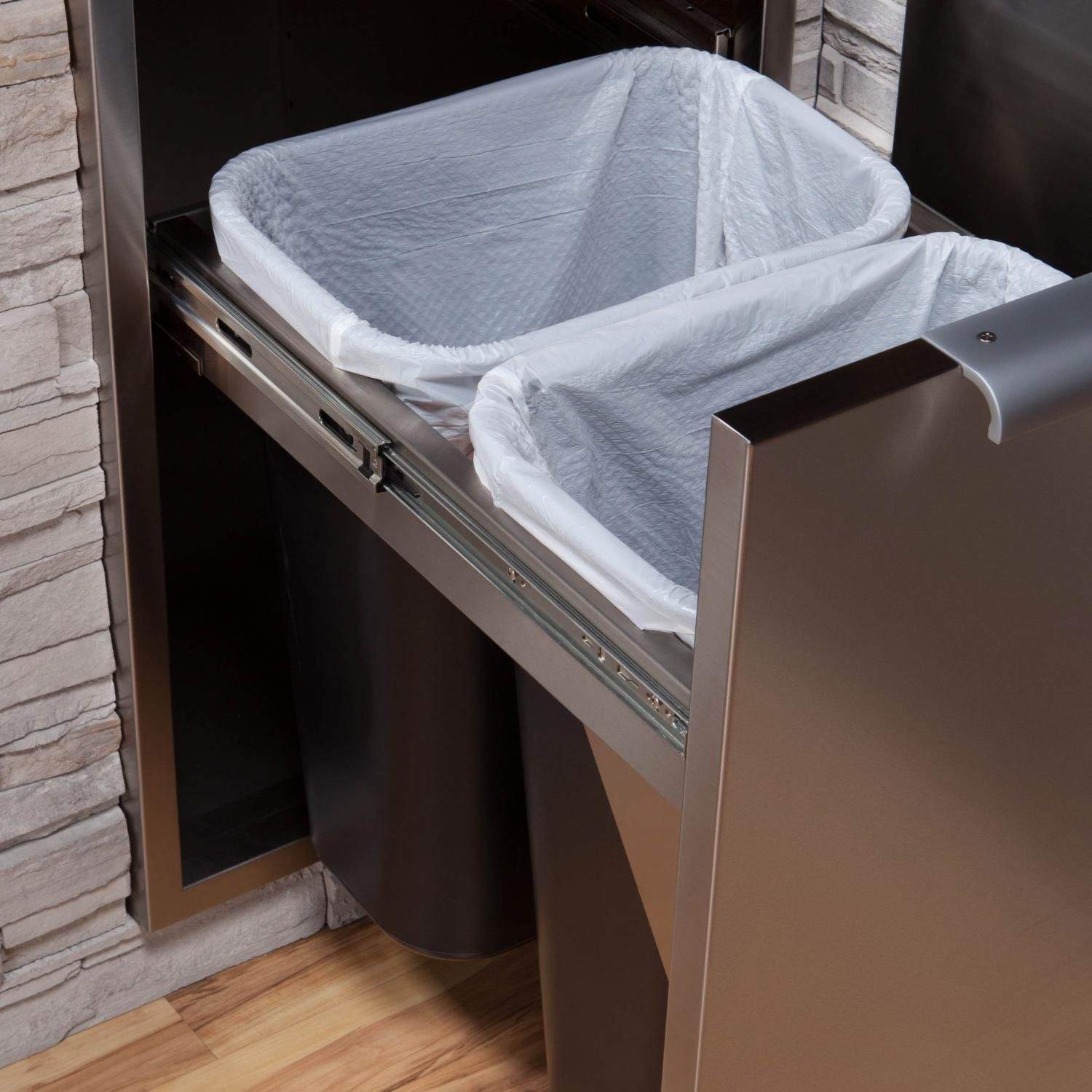 Pull-out trash bin drawer with two liner-lined bins and open door