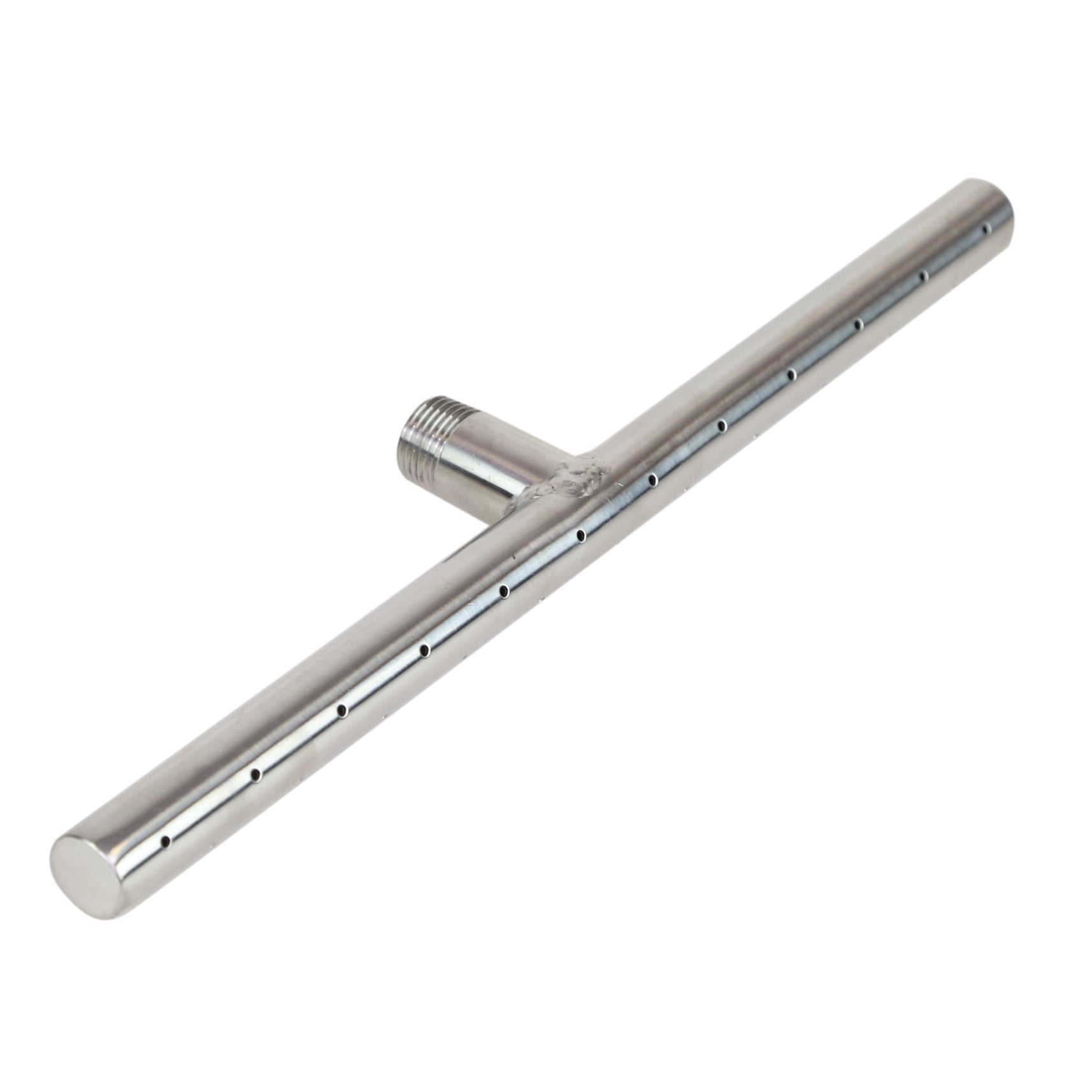 Stainless steel T-burner with perforated gas ports
