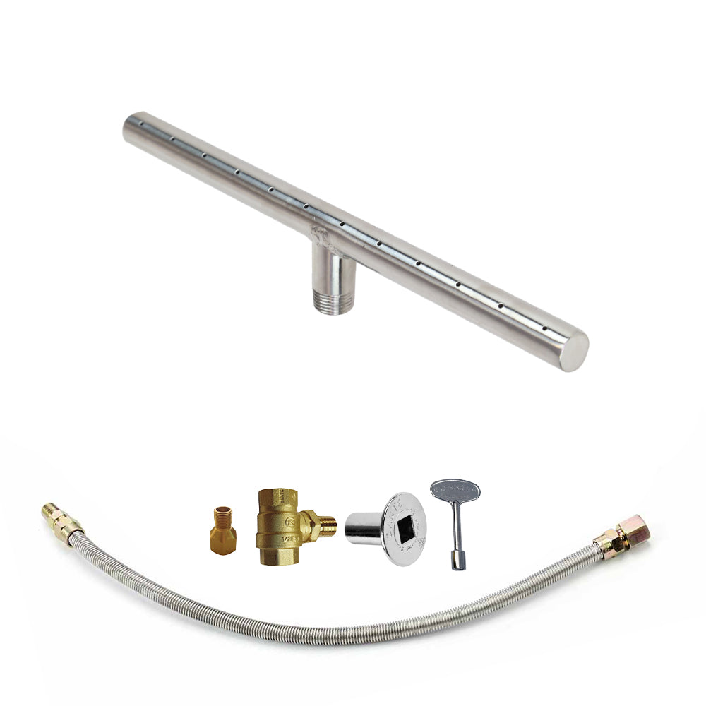 Stainless steel T-burner kit with brass valve, hose, and burner head