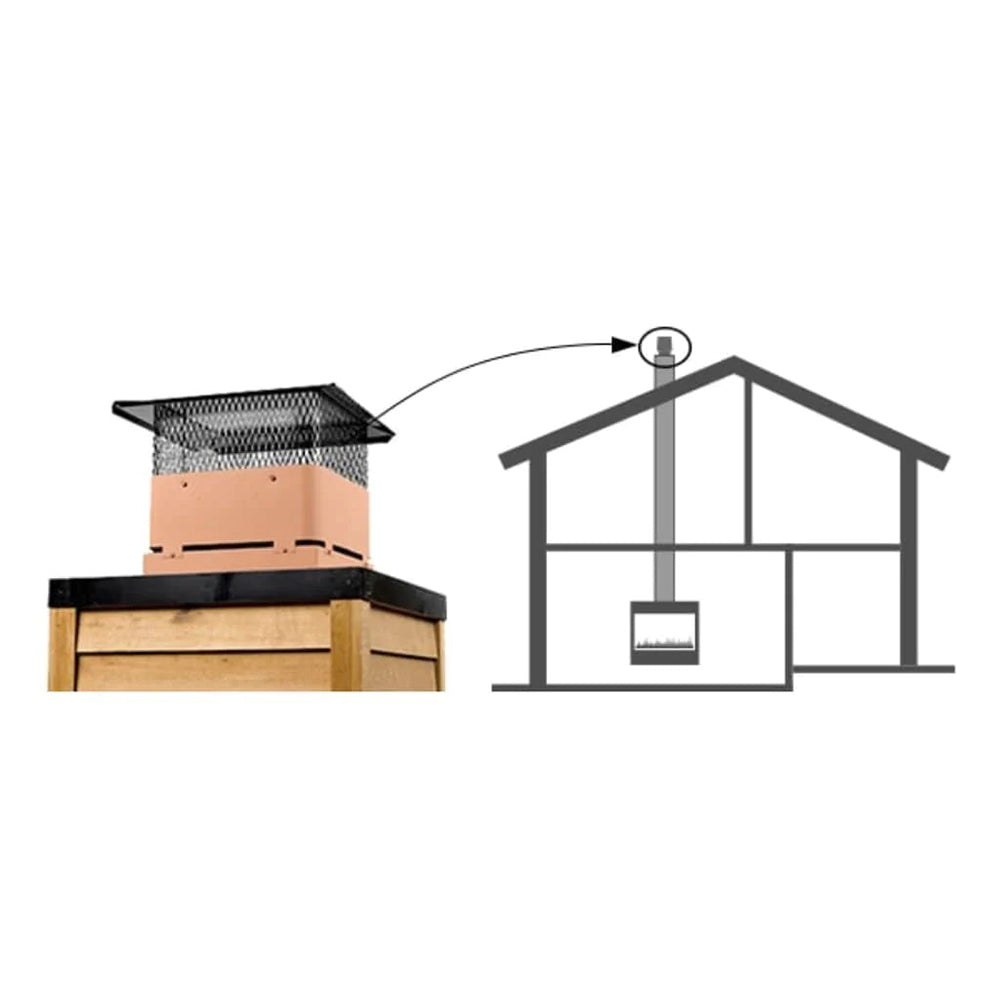 Terracotta chimney cap cover with black mesh top, roof cross-section view