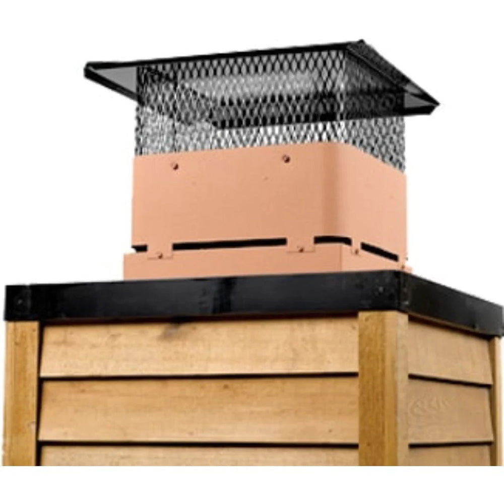 Roof termination cap with black top, metal mesh screen, and terra-cotta side panels.