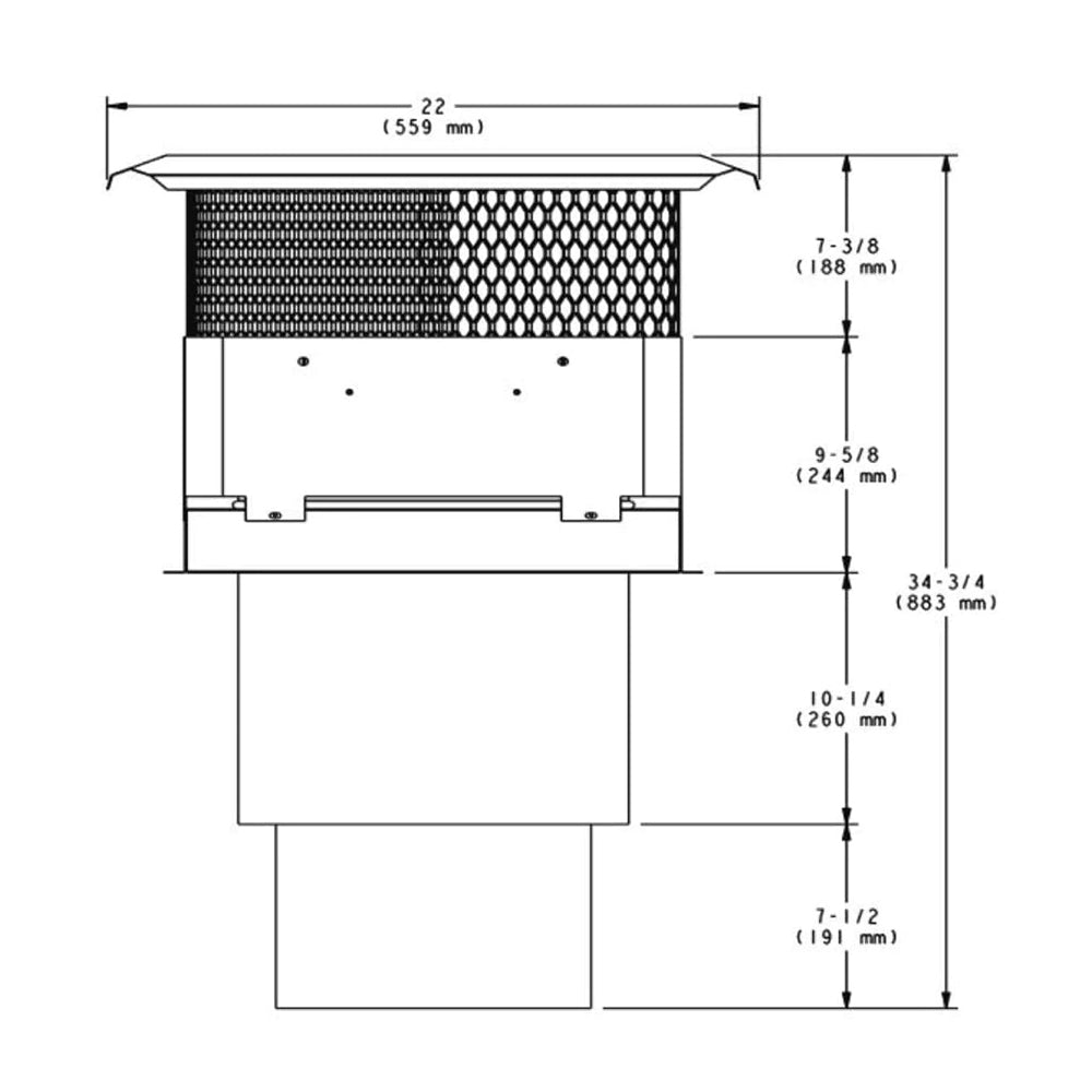 Roof termination cap cross-section diagram with mesh screen and listed dimensions.